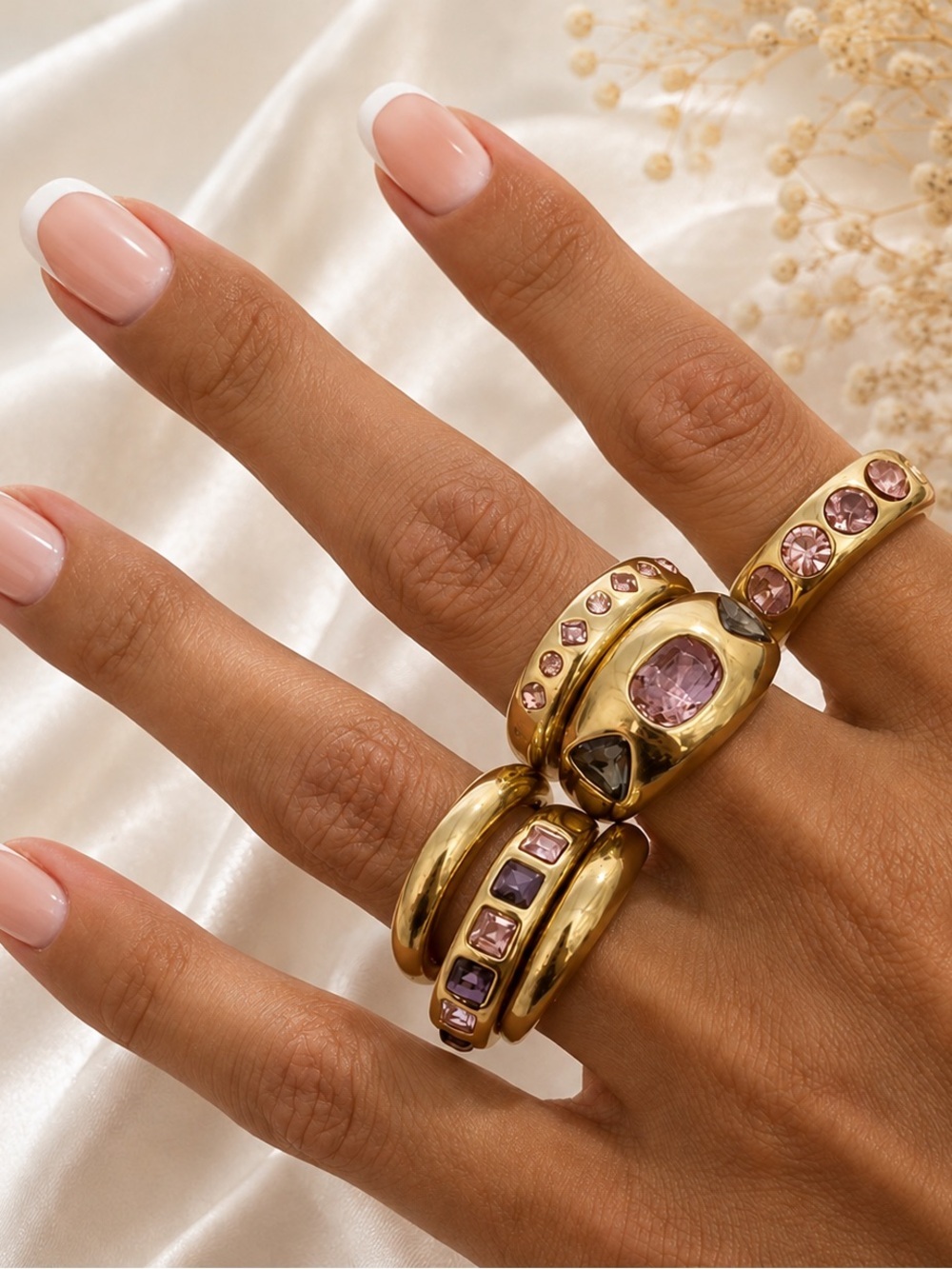 Gold Pink Crystal Stackable Rings — Y2K